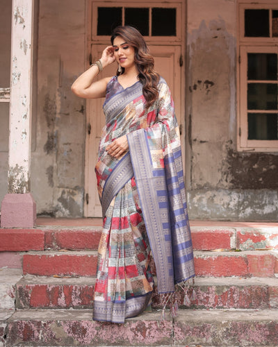 Multicolor Banarasi Silk Saree with Abstract Checkered Print & Lavender Zari Border