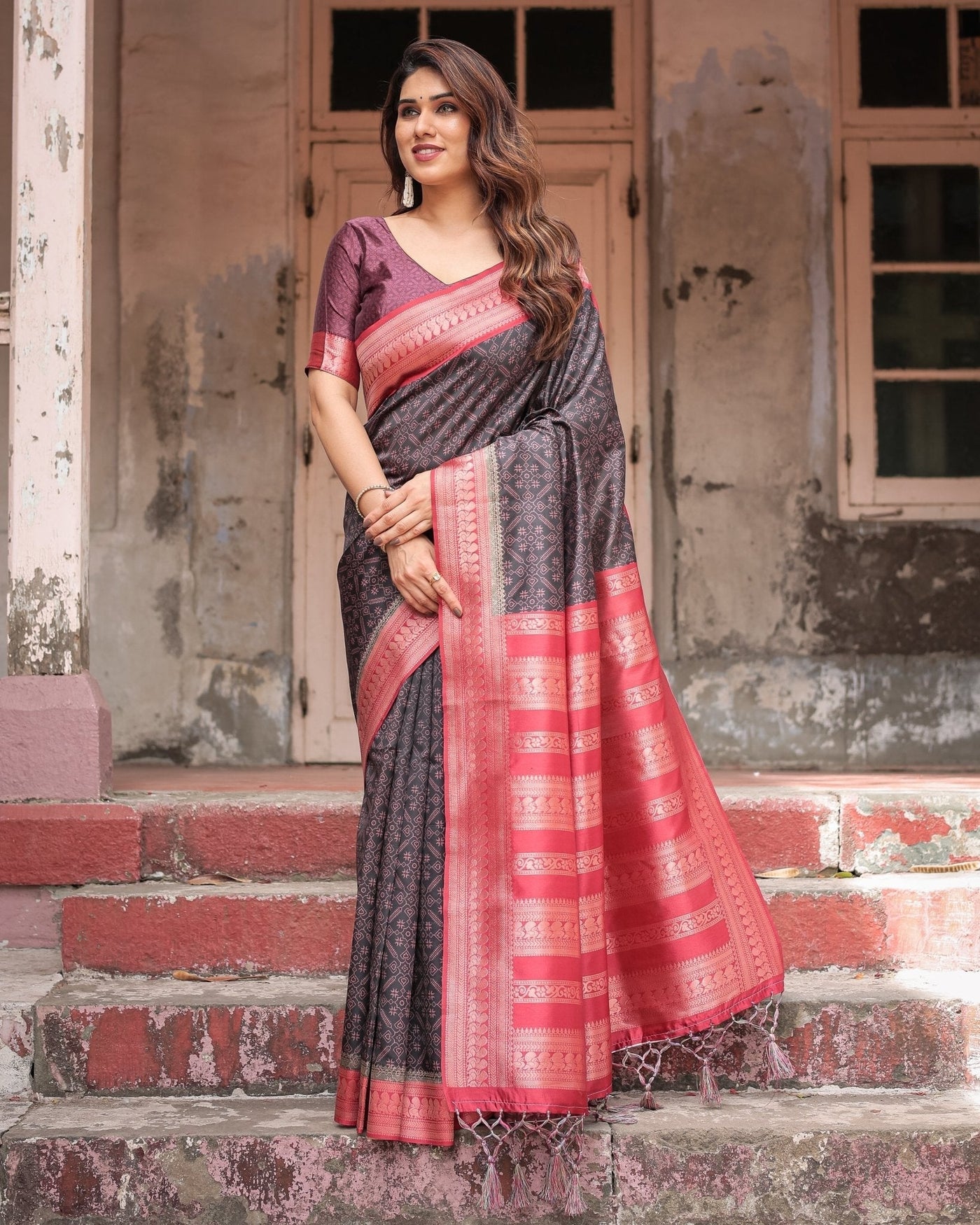 Black Banarasi Silk Saree with Intricate Pink Zari Border & Traditional Motifs
