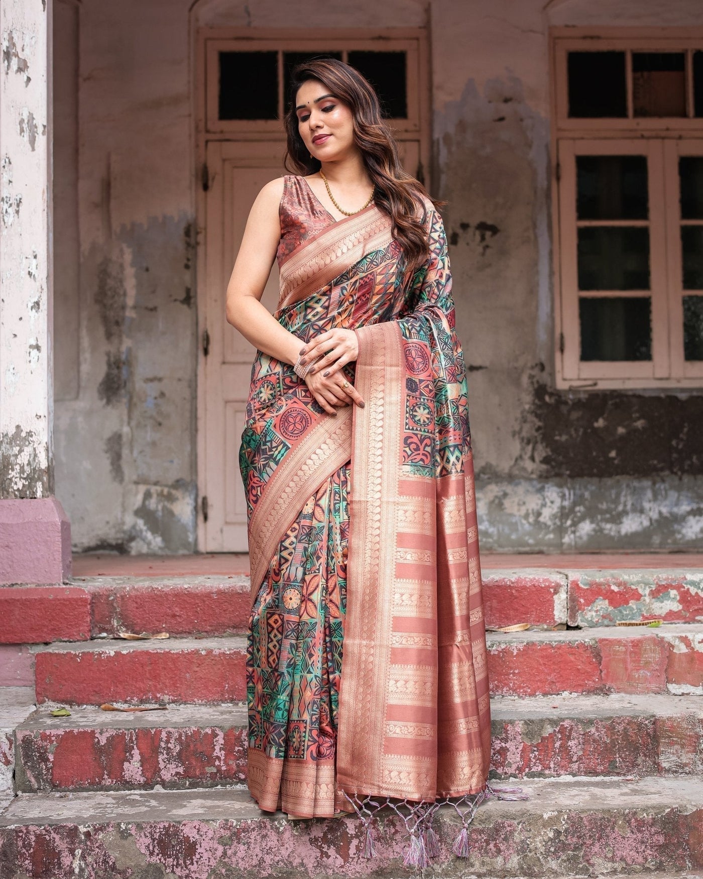 Multicolor Geometric Print Banarasi Silk Saree with Copper Zari Border