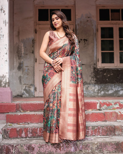 Multicolor Geometric Print Banarasi Silk Saree with Copper Zari Border