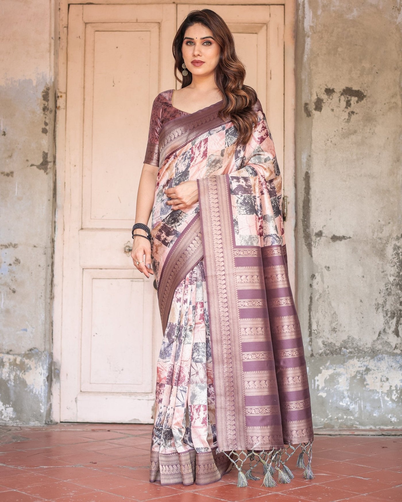 Mauve Banarasi Silk Saree with Abstract Checkered Digital Print & Zari Border