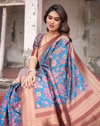 Teal Banarasi Silk Saree with Rust Zari Border and Floral Motifs