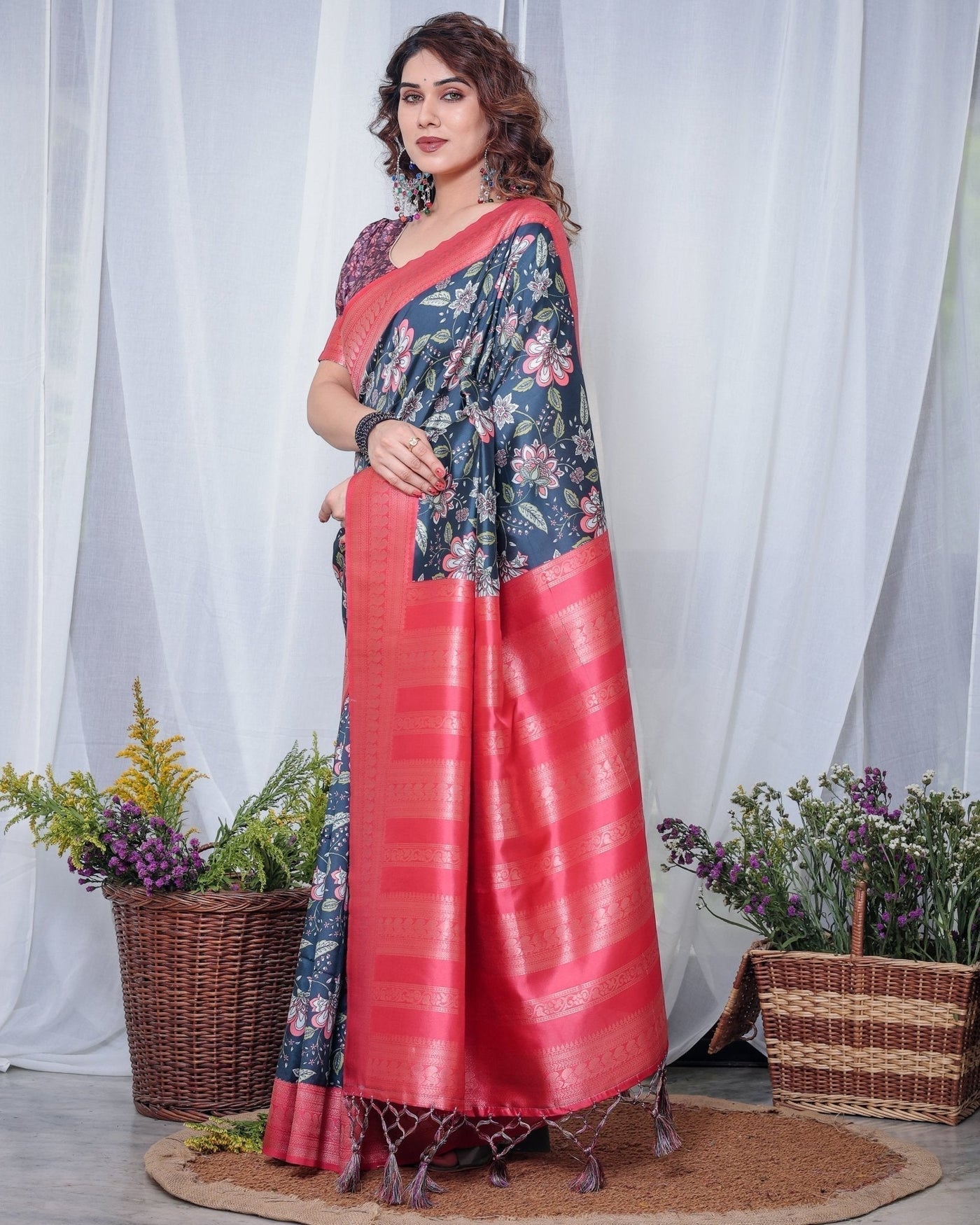Regal Navy Blue and Pink Floral Banarasi Silk Saree with Tassels