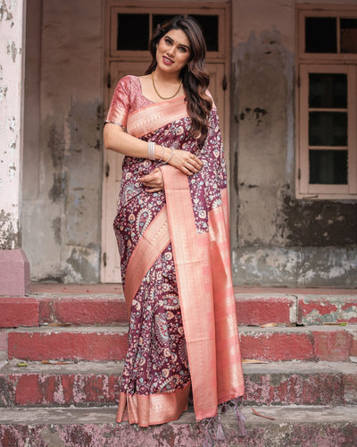 Maroon Banarasi Silk Saree with Peach Zari Border and Paisley Motifs