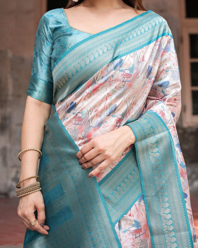 Mesmerizing Aqua Banarasi Silk Saree with Digital Print and Tassels