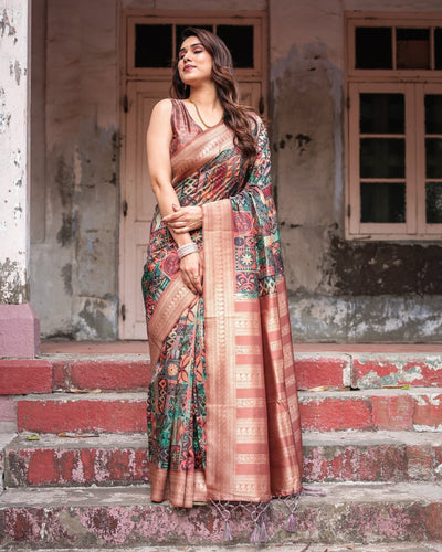 Multicolor Geometric Print Banarasi Silk Saree with Copper Zari Border