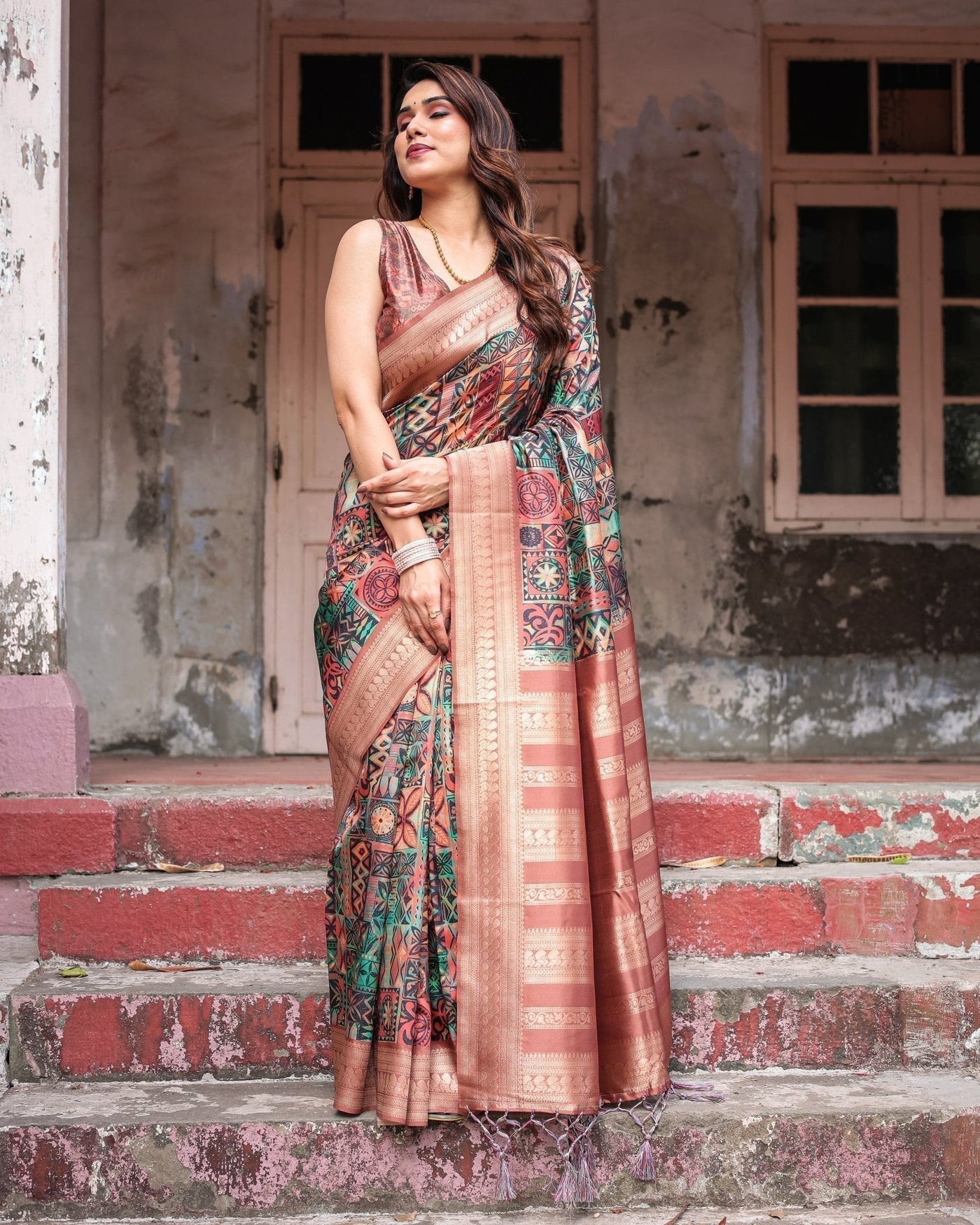 Multicolor Geometric Print Banarasi Silk Saree with Copper Zari Border