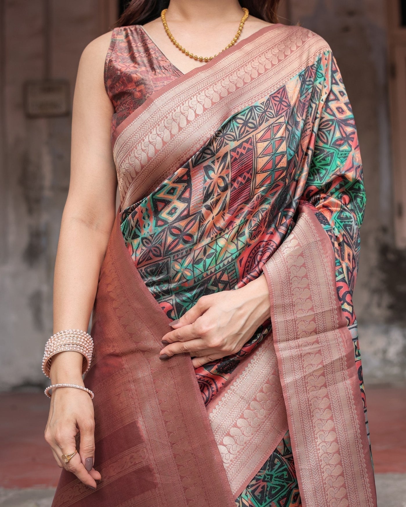 Multicolor Geometric Print Banarasi Silk Saree with Copper Zari Border