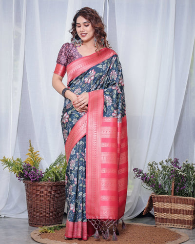 Regal Navy Blue and Pink Floral Banarasi Silk Saree with Tassels