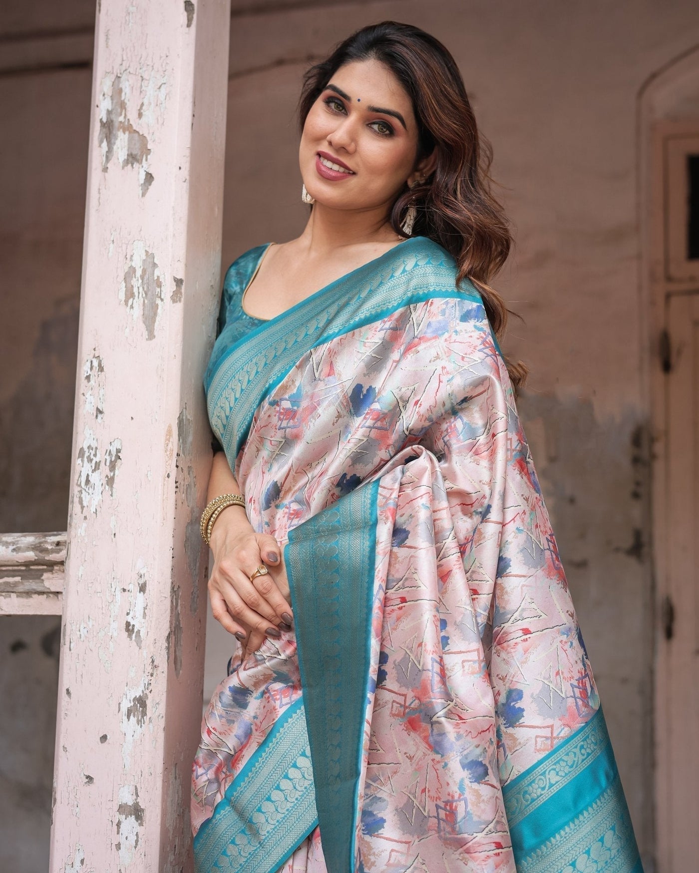 Mesmerizing Aqua Banarasi Silk Saree with Digital Print and Tassels