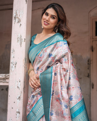 Mesmerizing Aqua Banarasi Silk Saree with Digital Print and Tassels