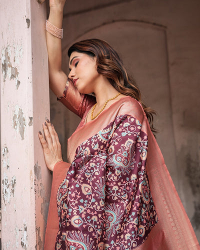 Maroon Banarasi Silk Saree with Peach Zari Border and Paisley Motifs