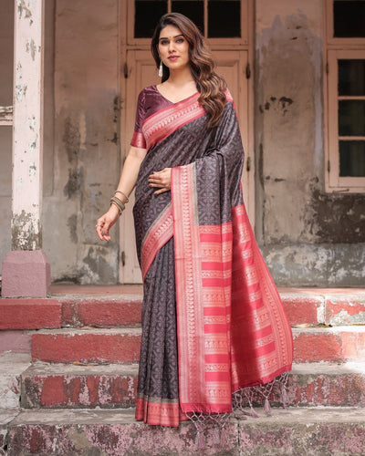 Black Banarasi Silk Saree with Intricate Pink Zari Border & Traditional Motifs