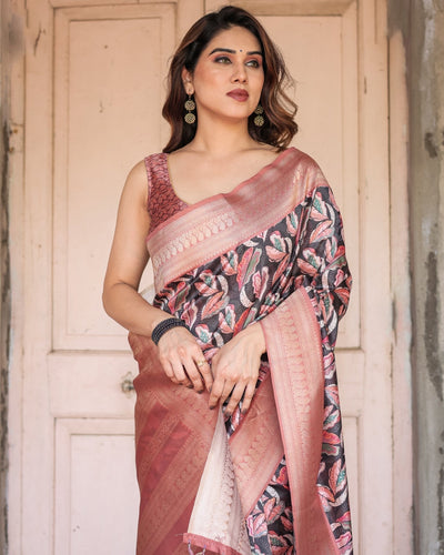 Black Banarasi Silk Saree with Bold Leaf Digital Print & Rosy Pink Zari Border