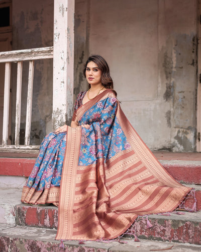 Teal Banarasi Silk Saree with Rust Zari Border and Floral Motifs
