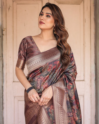 Rich Chocolate Banarasi Silk Saree with Geometric Print and Zari Border