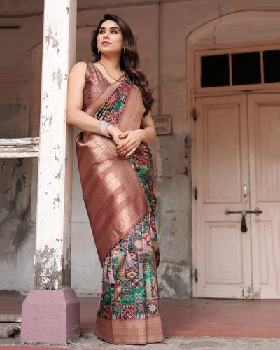 Multicolor Geometric Print Banarasi Silk Saree with Copper Zari Border