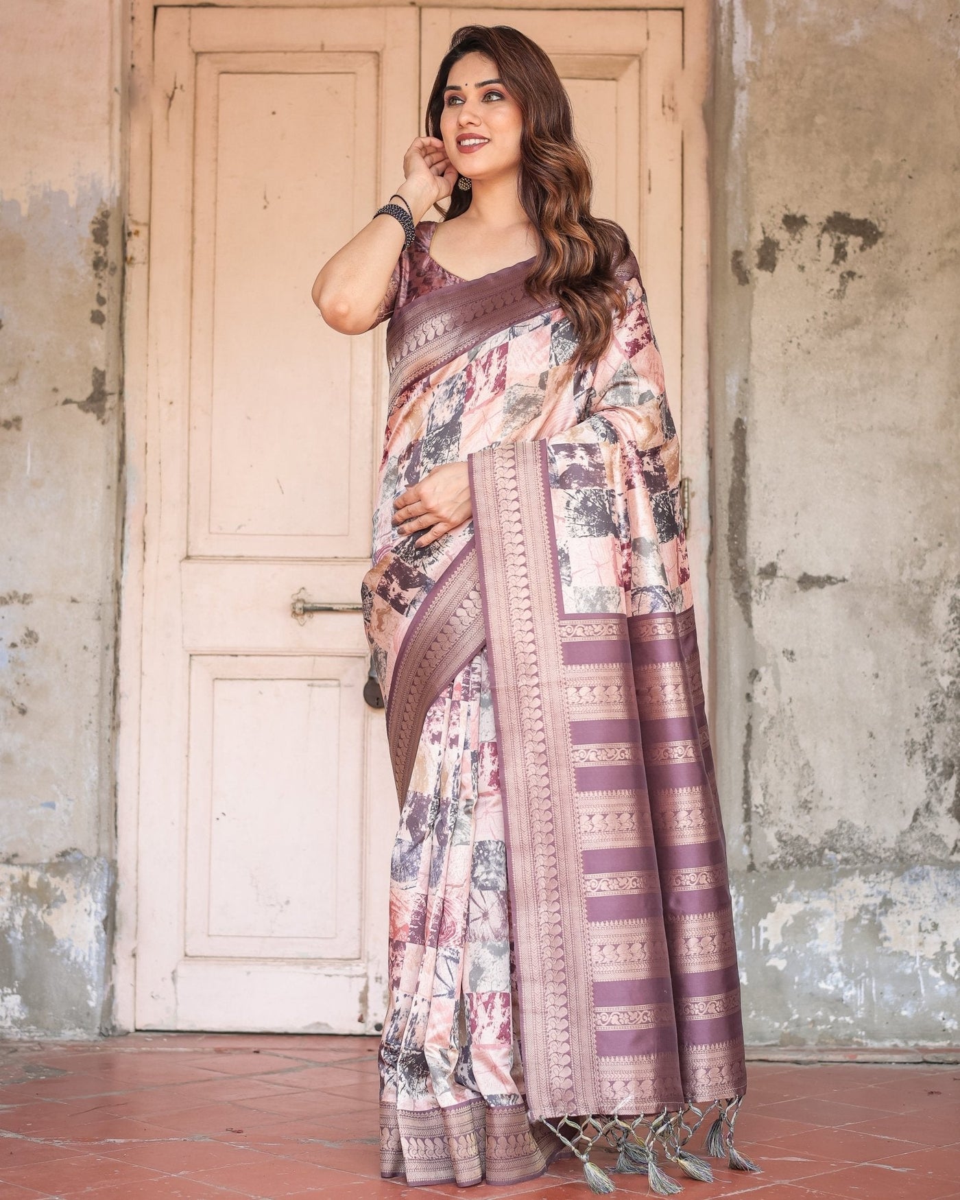 Mauve Banarasi Silk Saree with Abstract Checkered Digital Print & Zari Border