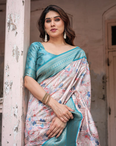 Mesmerizing Aqua Banarasi Silk Saree with Digital Print and Tassels