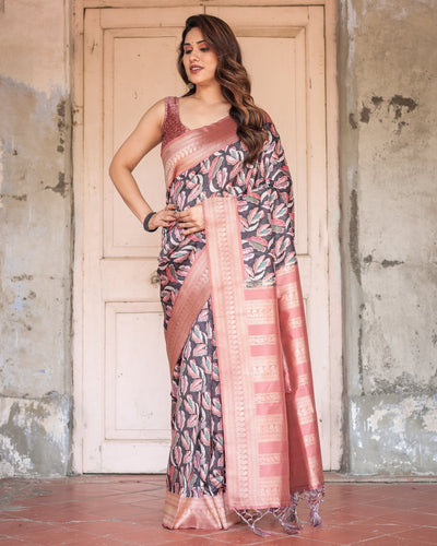 Black Banarasi Silk Saree with Bold Leaf Digital Print & Rosy Pink Zari Border