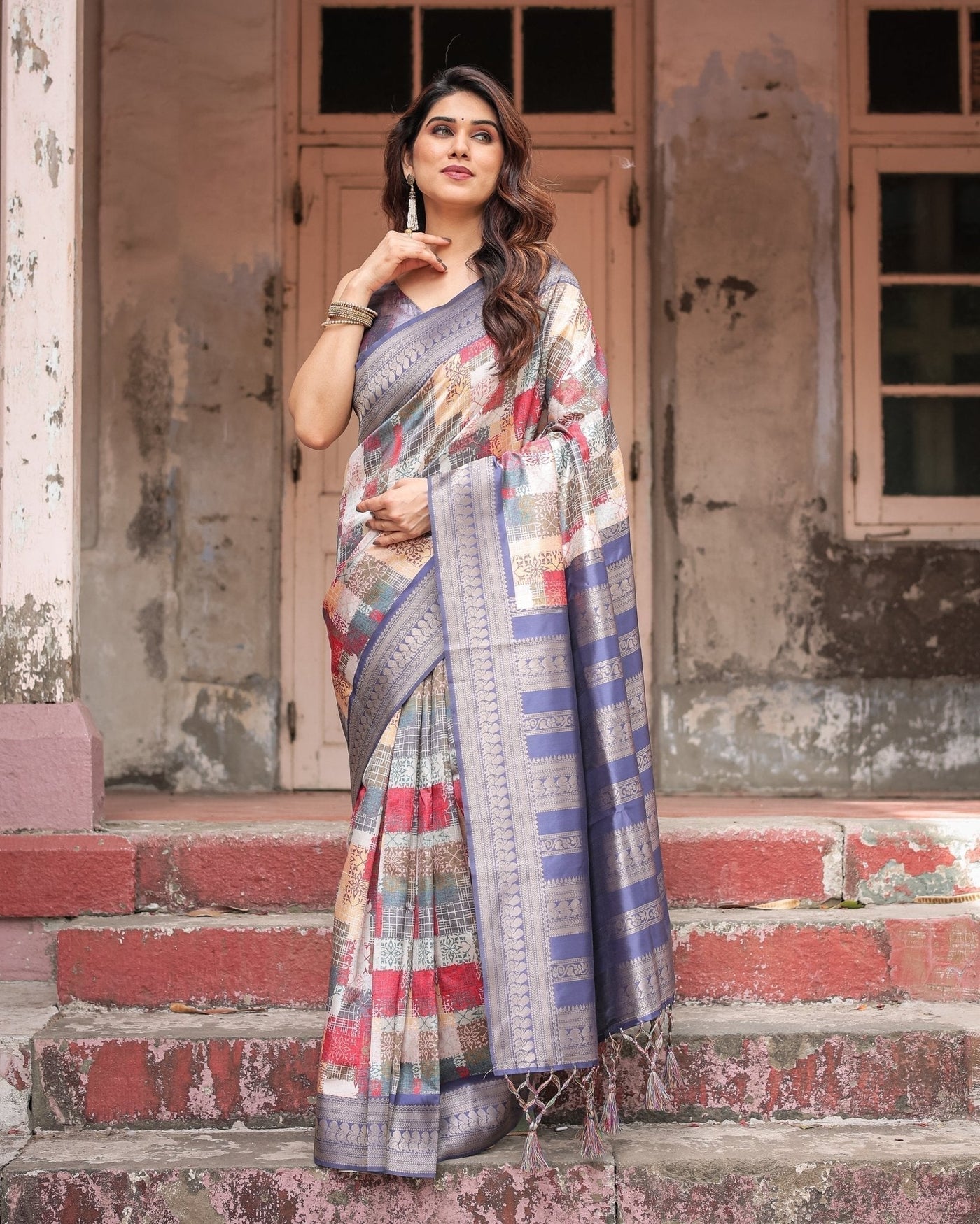Multicolor Banarasi Silk Saree with Abstract Checkered Print & Lavender Zari Border