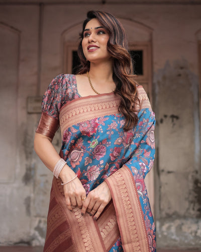 Teal Banarasi Silk Saree with Rust Zari Border and Floral Motifs