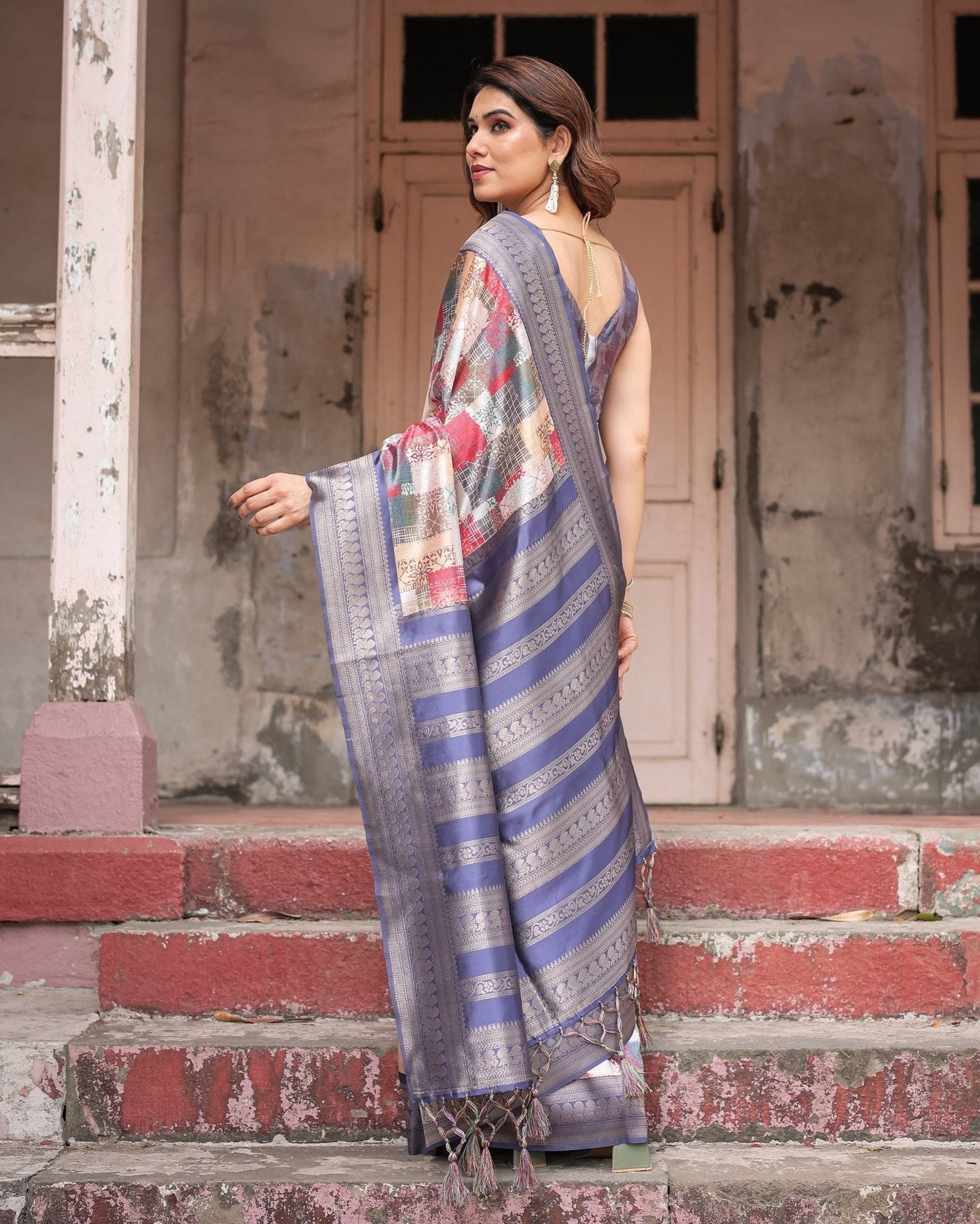 Multicolor Banarasi Silk Saree with Abstract Checkered Print & Lavender Zari Border