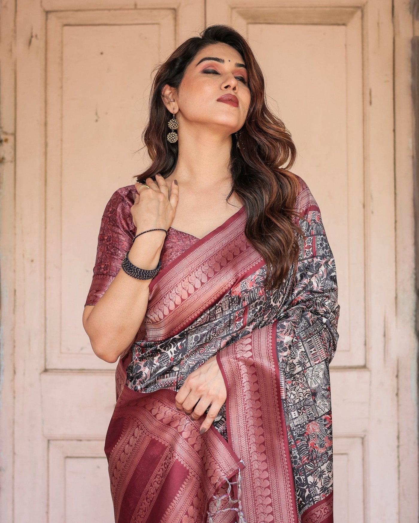 Black and Red Banarasi Silk Saree with Geometric Print and Rich Zari Border