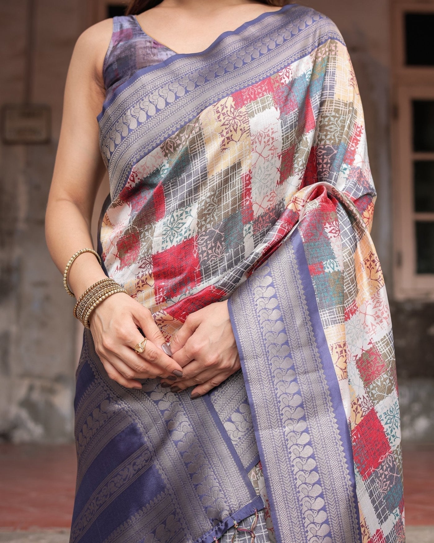 Multicolor Banarasi Silk Saree with Abstract Checkered Print & Lavender Zari Border
