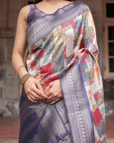 Multicolor Banarasi Silk Saree with Abstract Checkered Print & Lavender Zari Border