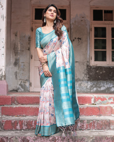 Mesmerizing Aqua Banarasi Silk Saree with Digital Print and Tassels