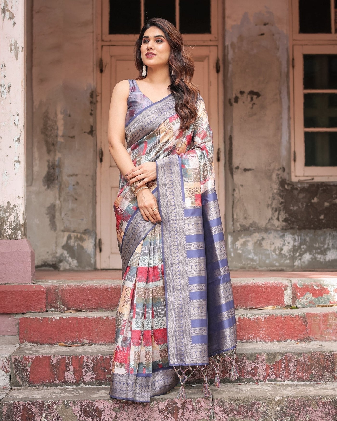 Multicolor Banarasi Silk Saree with Abstract Checkered Print & Lavender Zari Border