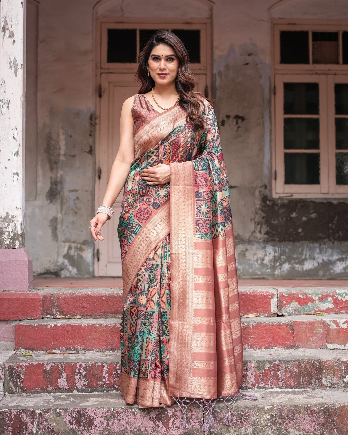 Multicolor Geometric Print Banarasi Silk Saree with Copper Zari Border