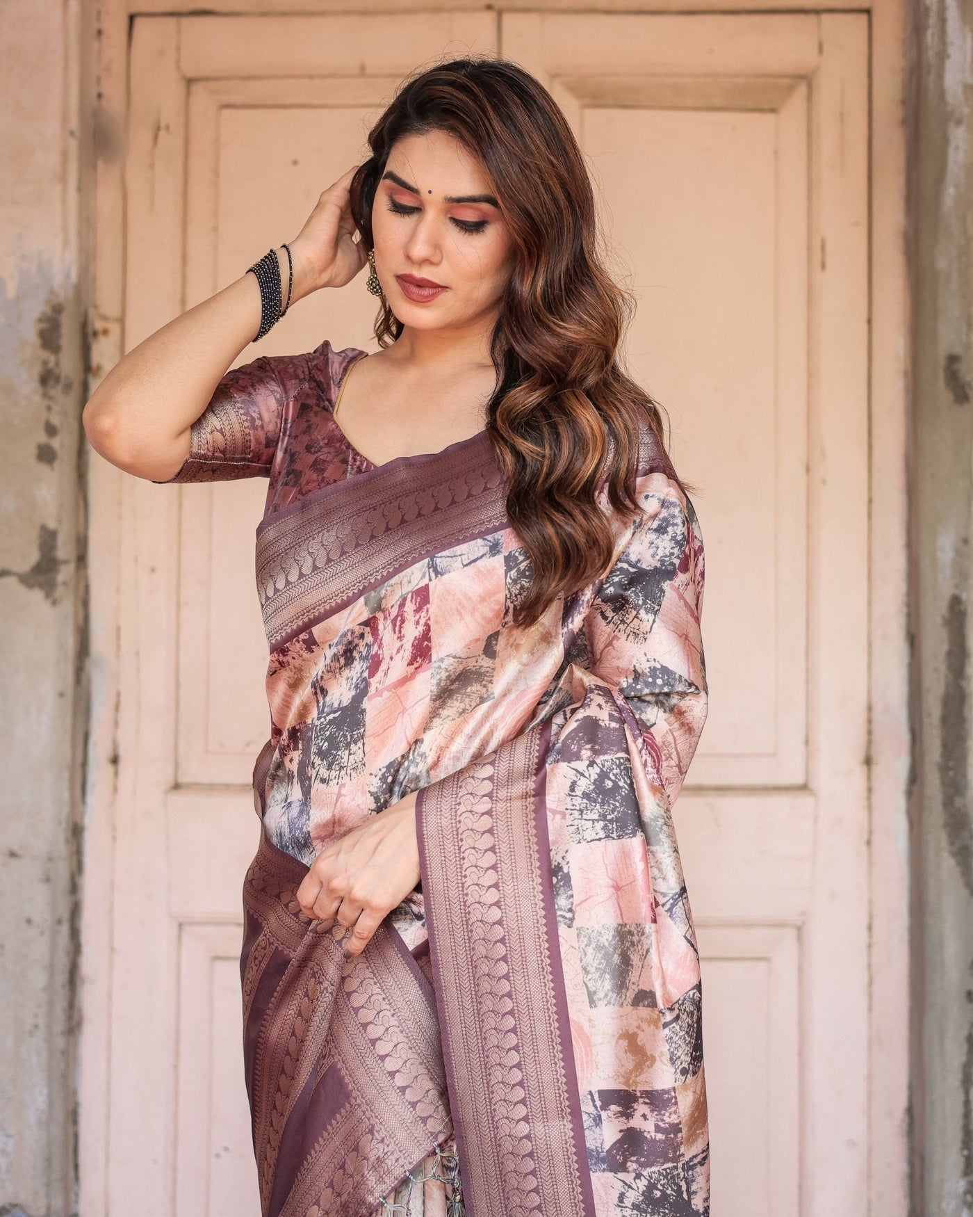 Mauve Banarasi Silk Saree with Abstract Checkered Digital Print & Zari Border