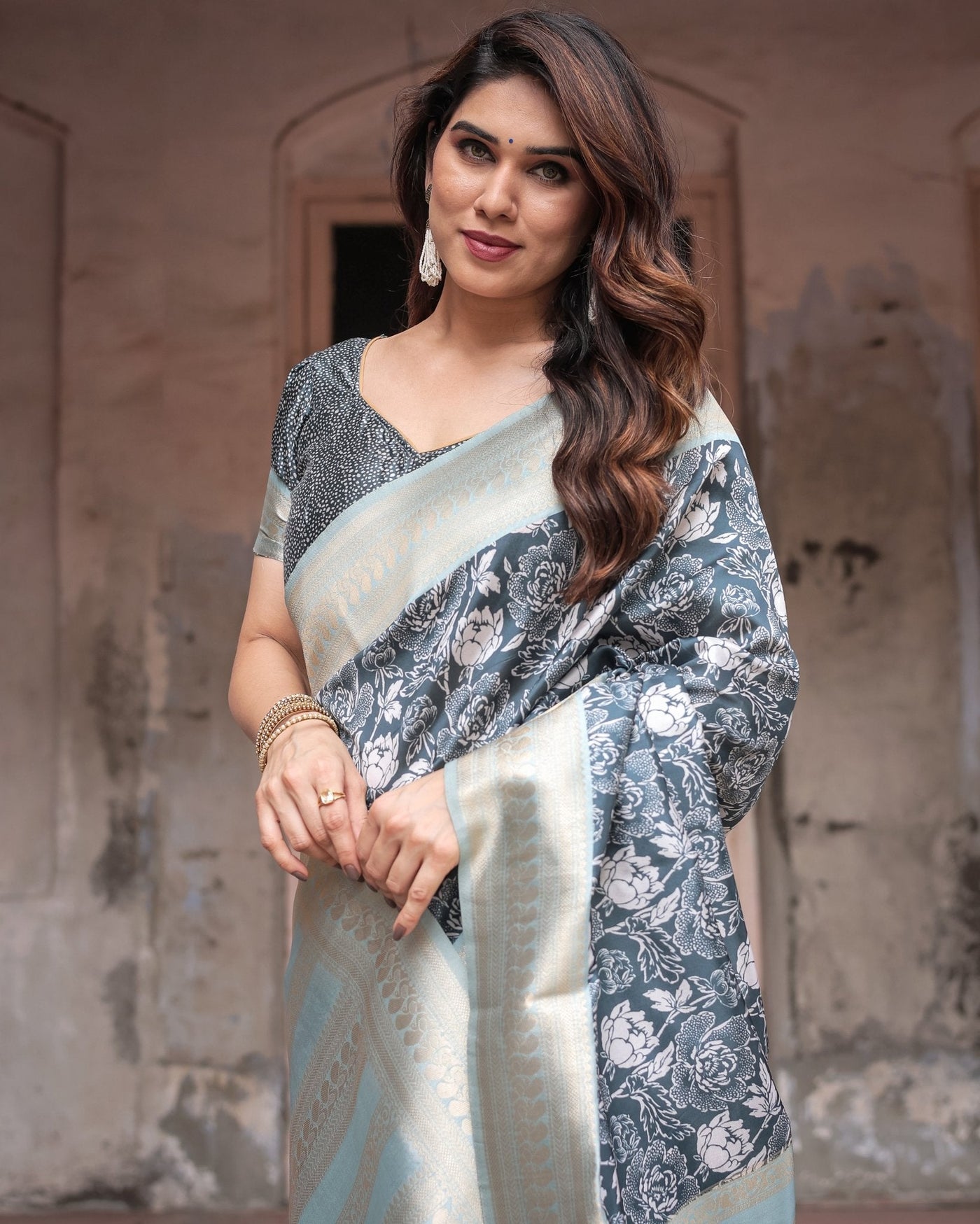 Sophisticated Floral Banarasi Silk Saree with Light Blue Zari Border