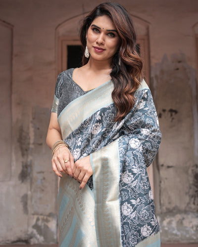Sophisticated Floral Banarasi Silk Saree with Light Blue Zari Border
