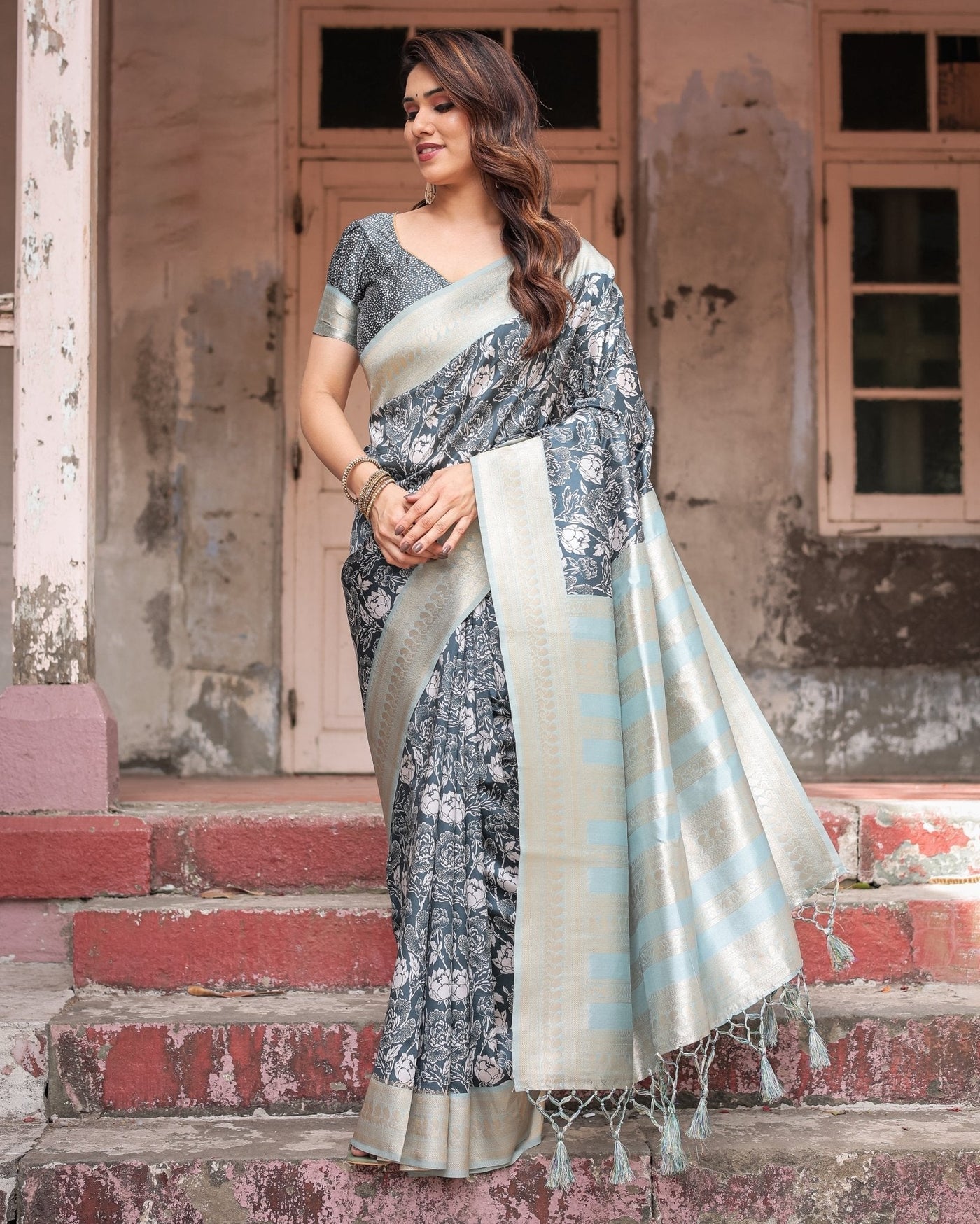 Sophisticated Floral Banarasi Silk Saree with Light Blue Zari Border