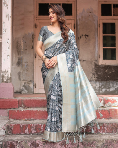 Sophisticated Floral Banarasi Silk Saree with Light Blue Zari Border