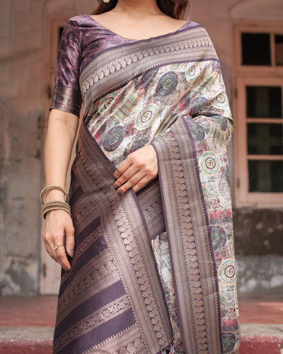 Regal Purple Banarasi Silk Saree with Digital Print and Ornate Border