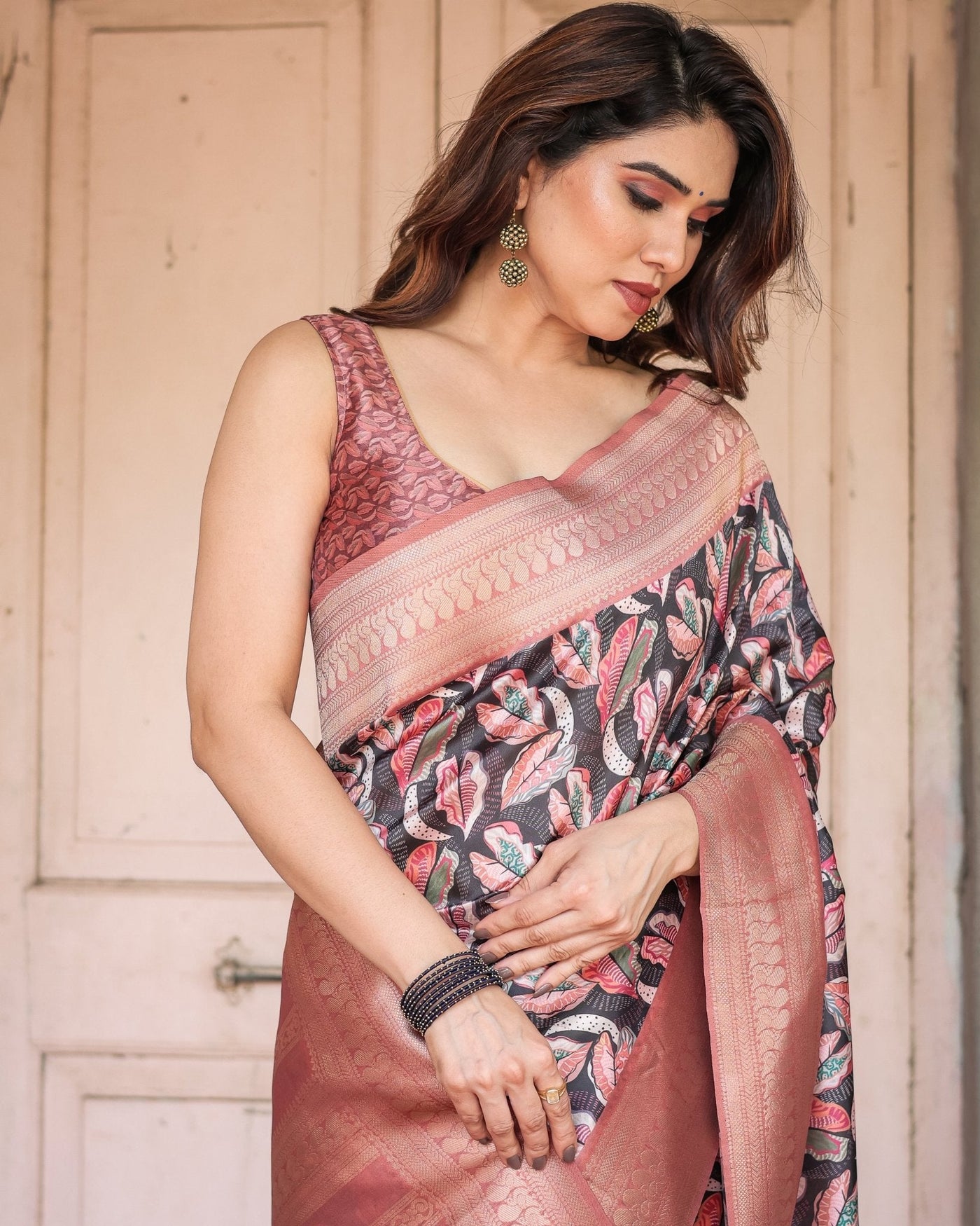 Black Banarasi Silk Saree with Bold Leaf Digital Print & Rosy Pink Zari Border