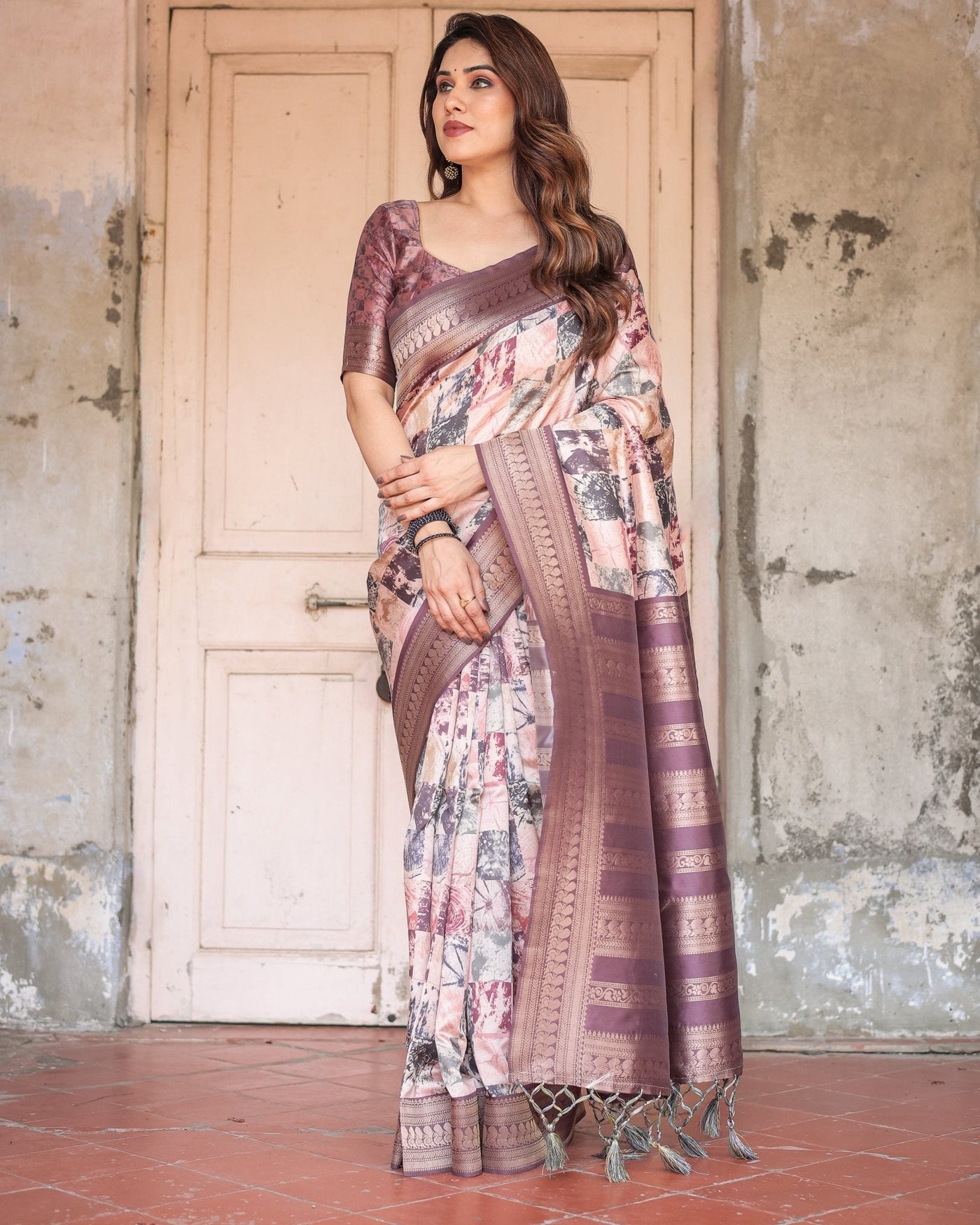 Mauve Banarasi Silk Saree with Abstract Checkered Digital Print & Zari Border