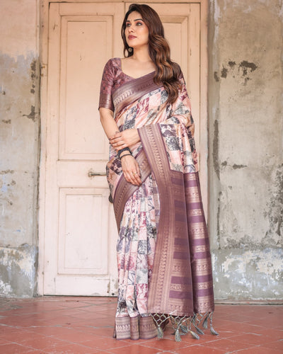 Mauve Banarasi Silk Saree with Abstract Checkered Digital Print & Zari Border