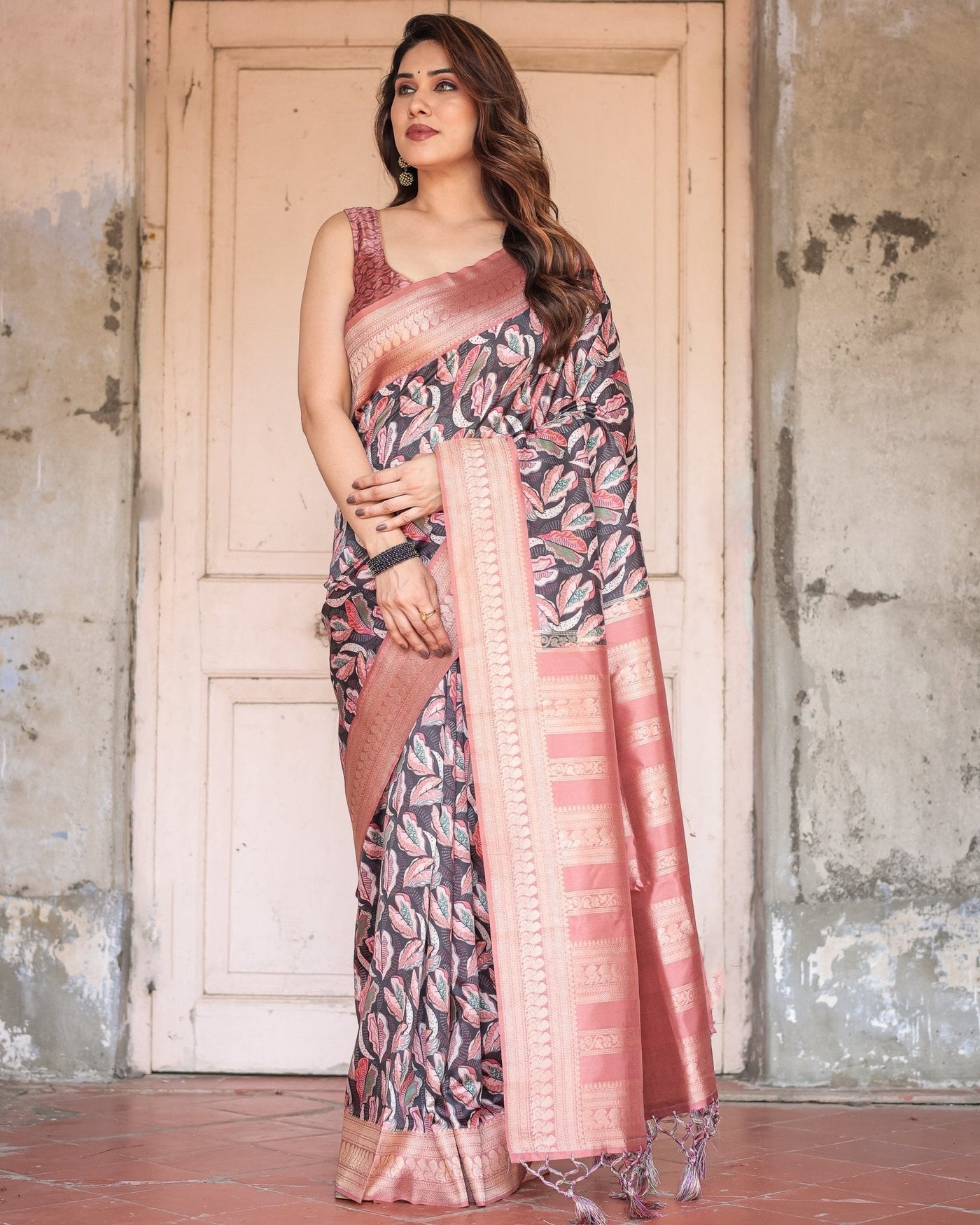 Black Banarasi Silk Saree with Bold Leaf Digital Print & Rosy Pink Zari Border