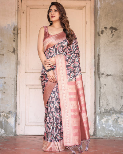 Black Banarasi Silk Saree with Bold Leaf Digital Print & Rosy Pink Zari Border