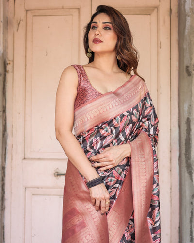 Black Banarasi Silk Saree with Bold Leaf Digital Print & Rosy Pink Zari Border