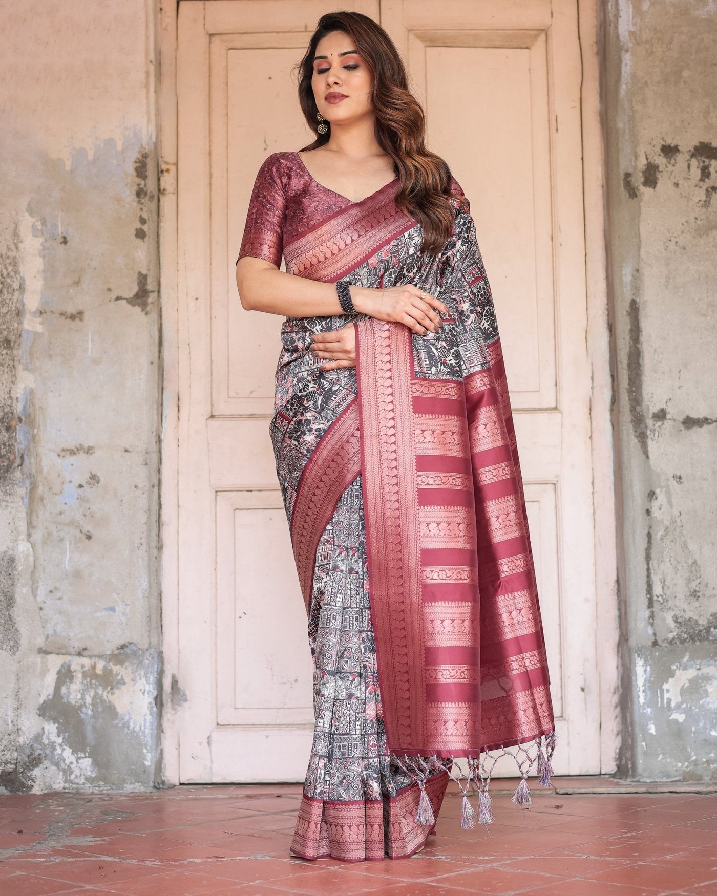 Black and Red Banarasi Silk Saree with Geometric Print and Rich Zari Border