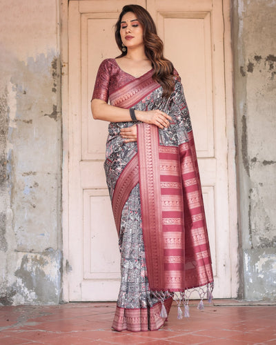 Black and Red Banarasi Silk Saree with Geometric Print and Rich Zari Border