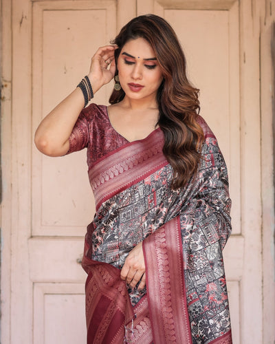 Black and Red Banarasi Silk Saree with Geometric Print and Rich Zari Border