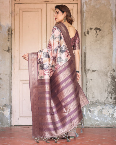 Mauve Banarasi Silk Saree with Abstract Checkered Digital Print & Zari Border