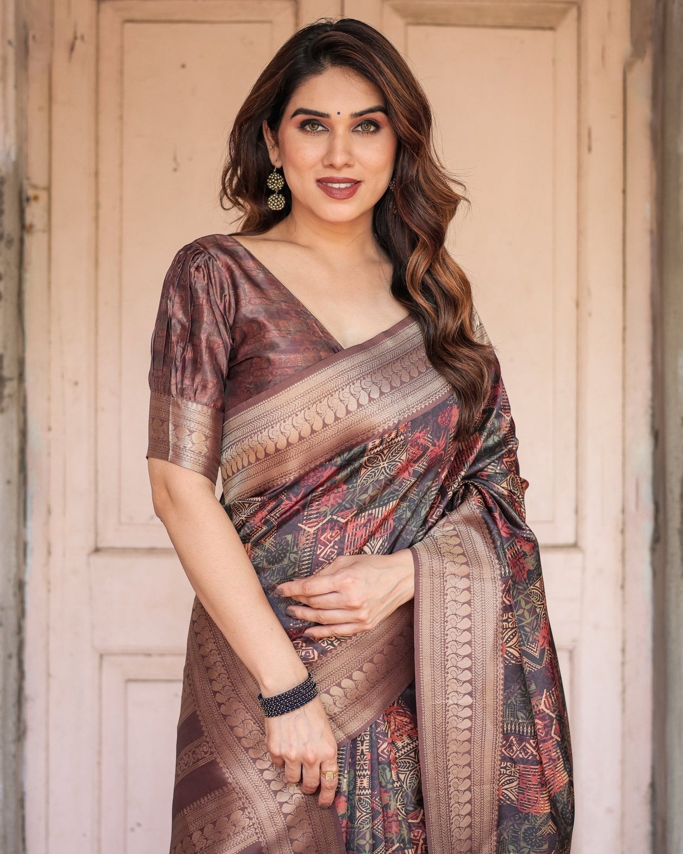 Rich Chocolate Banarasi Silk Saree with Geometric Print and Zari Border